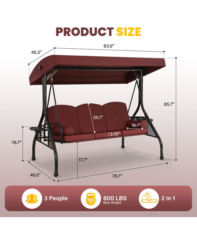 JONPONY 3-Seat Outdoor Patio Swing with Stand 800LBS, 2-in-1 Convertible Swing Bed, Adjustable Canopy Removable Cushion for Yard Garden Deck