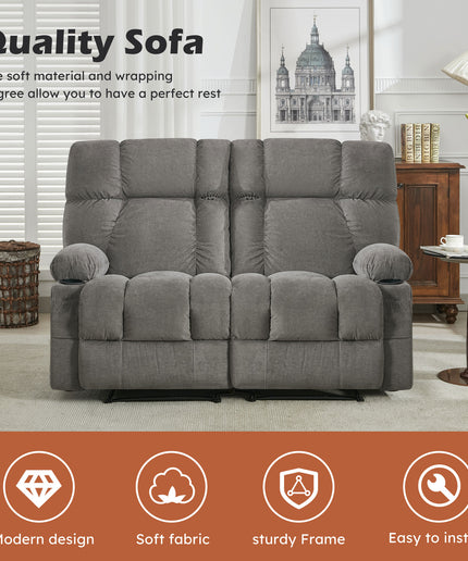 JONPONY Reclining Loveseat with Cup Holders for Living Room 2 Seat Manual Loveseat Recliner with Side Pocket,Grey