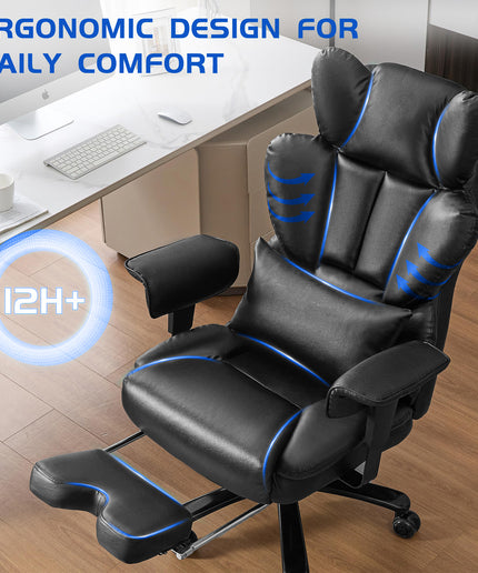 JONPONY Big and Tall Office Chair with Footrest, Executive Office Chair with Adjustable Lumbar Support, Dual Rubber Wheels, Ergonomic High Back Computer Chairs, Black