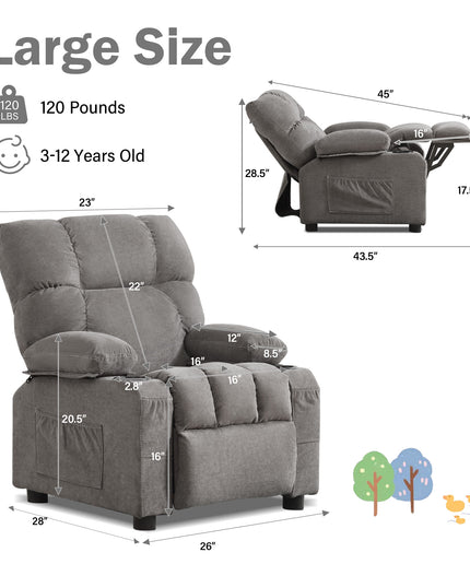 JONPONY Kids Recliner Chair,Push Back Toddler Recliner with Cup Holders & Side Pockets,Adjustable Footrest & Headrest Kids Sofa for Boys Girls 3+ Age Group, Grey