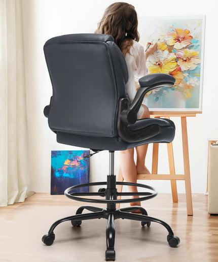 JONPONY Tall Office Chair for Standing Desk, Ergonomic High Leather Executive Office Chair with Flip-up Armrest,and Adjustable Foot Ring for Counter Height Desk,Black