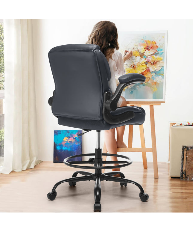 JONPONY Tall Office Chair for Standing Desk, Ergonomic High Leather Executive Office Chair with Flip-up Armrest,and Adjustable Foot Ring for Counter Height Desk,Black