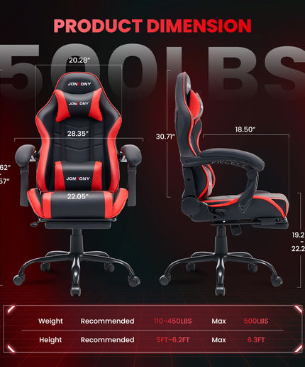 JONPONY 500LBS Big & Tall Gaming Chair, Ergonomic High-Back Gamer Chair with Footrest Lumbar Support, PU Leather Office Computer Chair for Long Sitting, Red