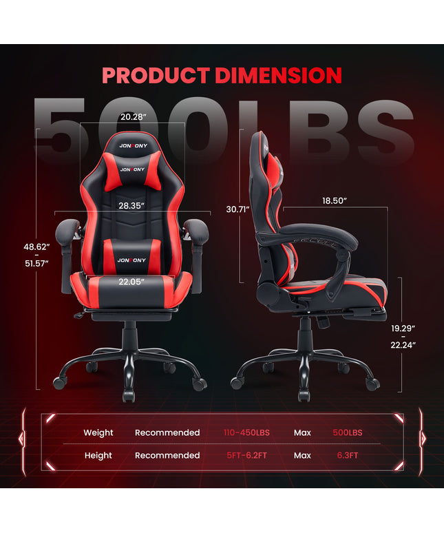 JONPONY 500LBS Big & Tall Gaming Chair, Ergonomic High-Back Gamer Chair with Footrest Lumbar Support, PU Leather Office Computer Chair for Long Sitting, Red