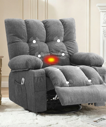 JONPONY Recliner Chair, Swivel Rocker Recliner Chair for Adults, Upholstered Manual Recliner with Side Pockets,Elderly Single Rocker Sofa with Cup Holders for Bedroom Home Theater,Grey
