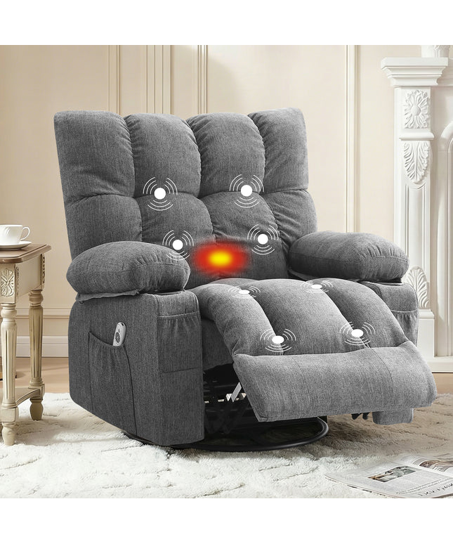 JONPONY Recliner Chair, Swivel Rocker Recliner Chair for Adults, Upholstered Manual Recliner with Side Pockets,Elderly Single Rocker Sofa with Cup Holders for Bedroom Home Theater,Grey