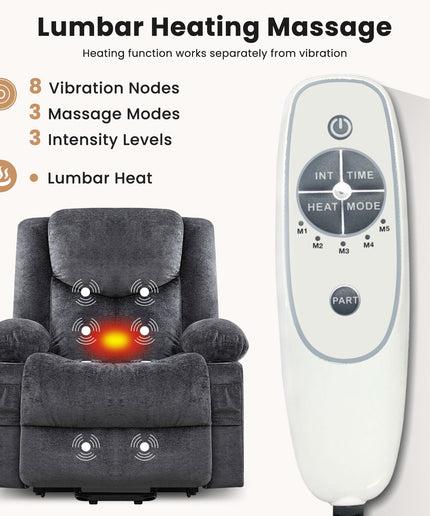 JONPONY Power Lift Recliner Chair Recliners with Heat and Massage Recliner Chair for Living Room with Infinite Position and Side Pocket,USB Charge Port,Grey