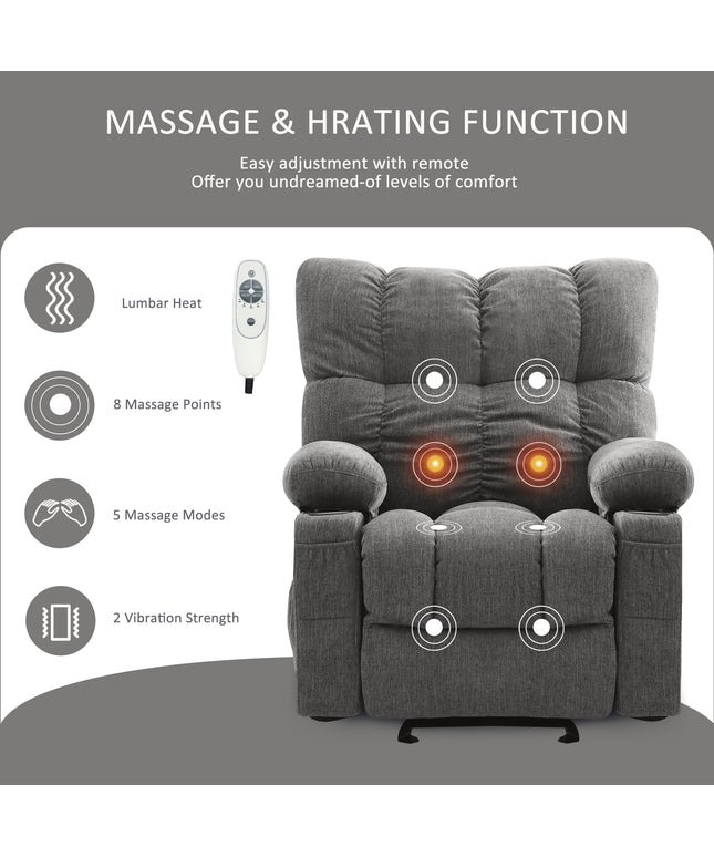 JONPONY Manual Recliner Chair with Heat Therapy and Massage Function, Heavy Duty Reclining Mechanism Massage Chair, Elderly Single Rocker Sofa with Cup Holders for Bedroom Home Theater,Grey