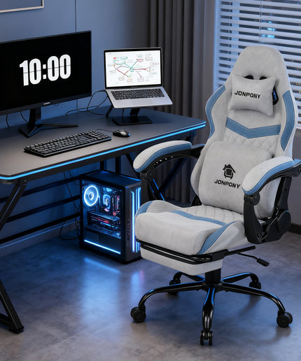 JONPONY Big and Tall Gaming Chair, Computer Chair with Footrest and Massage Lumbar Support, Height Adjustable Game Chair with Headrest and Swivel Seat，GREY