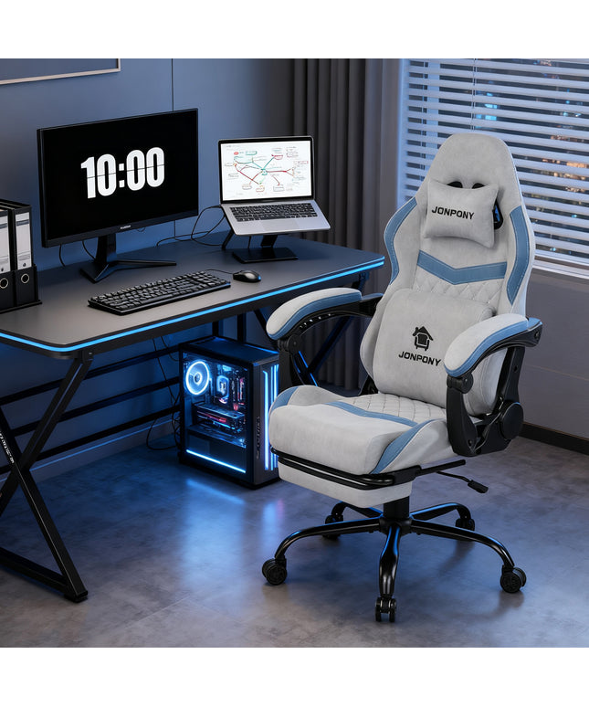 JONPONY Big and Tall Gaming Chair, Computer Chair with Footrest and Massage Lumbar Support, Height Adjustable Game Chair with Headrest and Swivel Seat，GREY