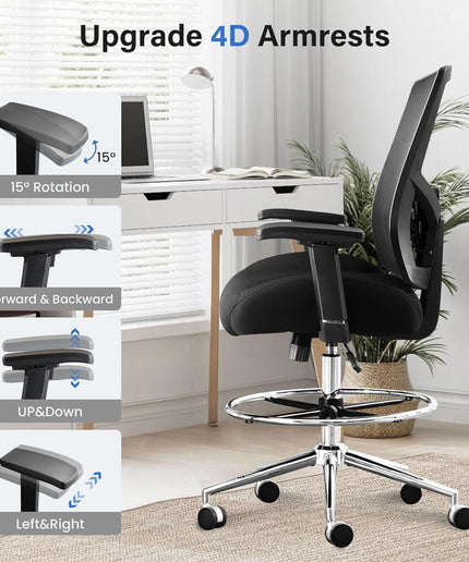 JONPONY 500LBS Drafting Chair, Heavy Duty Office Chair with Adjustable Lumbar Support & Footrest Ring, Comfy Extra Deep Thicken Cushion, Breathable Mesh Standing High Desk Chair with 4D Armrests