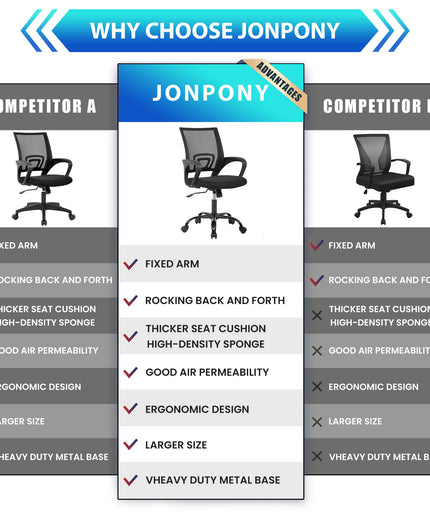 JONPONY Ergonomic Office Chair, Lumbar Support, Adjustable Height with Armrests for Adults,Black
