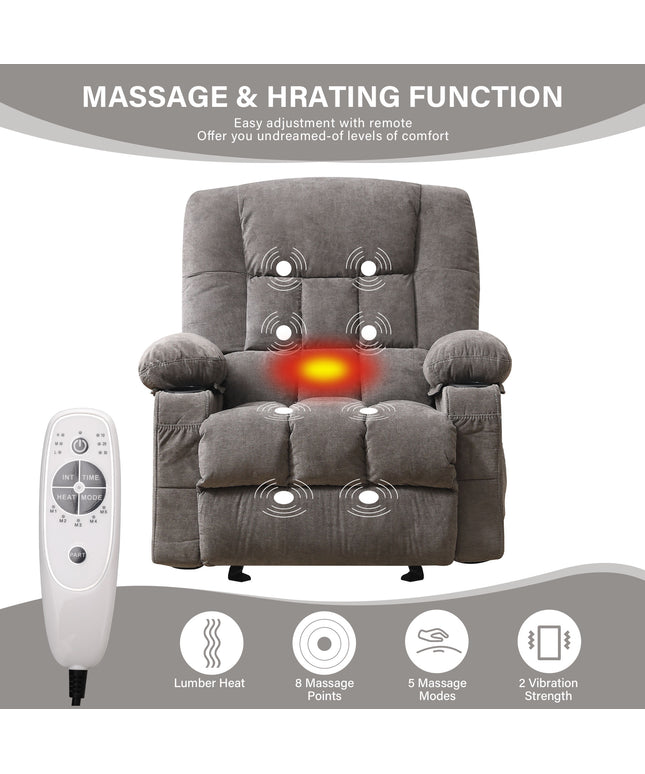JONPONY Manual Recliner Chair with Heat Therapy and Massage Function, Heavy Duty Reclining Mechanism Massage Chair, Elderly Single Rocker Sofa with Cup Holders for Bedroom Home Theater,Grey