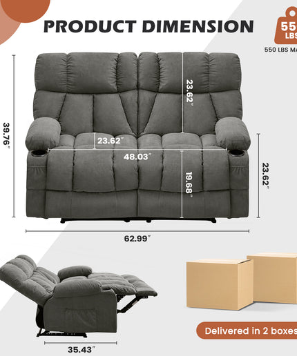 JONPONY Loveseat Recliner, Reclining Sofa with Cup-Holders, 2-Seater Couch for Living Room, Grey