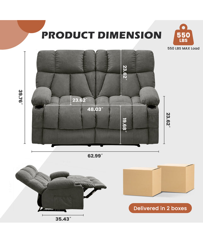 JONPONY Loveseat Recliner, Reclining Sofa with Cup-Holders, 2-Seater Couch for Living Room, Grey