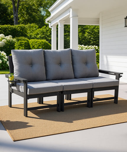 Jonpony Outdoor 3-Seat Sofa, HDPE Patio Couch with Cup Holeder & Thick Gray Cushions, Deep Seating Sofa for Garden, Deck, Front Porch