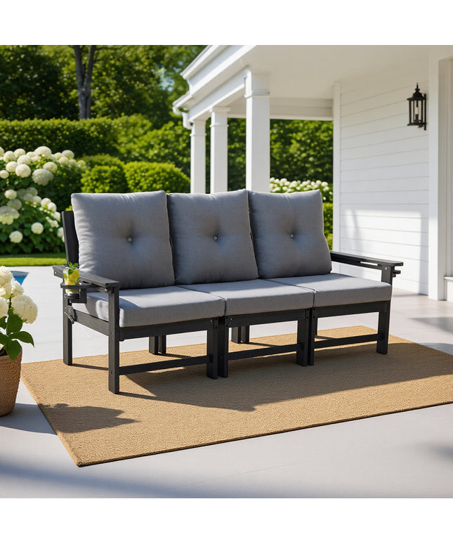 Jonpony Outdoor 3-Seat Sofa, HDPE Patio Couch with Cup Holeder & Thick Gray Cushions, Deep Seating Sofa for Garden, Deck, Front Porch