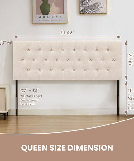 JONPONY Tufted Upholstered Headboard Queen Size, Solid Wood Head Board with Adjustable Height Headboard from 37" to 51",Bed Frame Adapters,Beige,Headboard Only