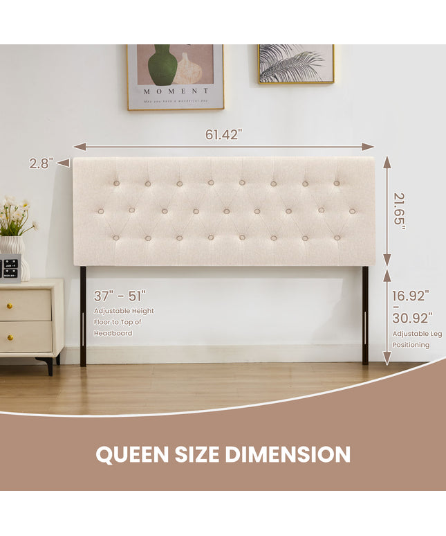 JONPONY Tufted Upholstered Headboard Queen Size, Solid Wood Head Board with Adjustable Height Headboard from 37" to 51",Bed Frame Adapters,Beige,Headboard Only