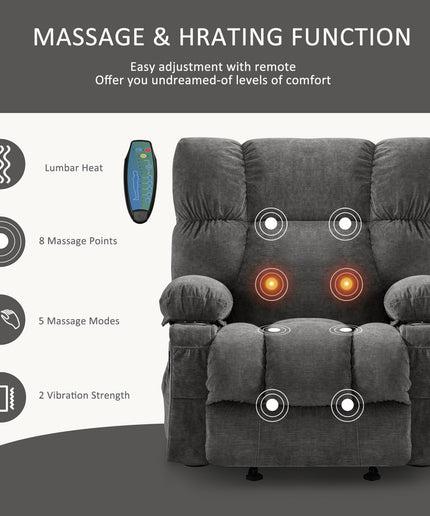JONPONY Manual Recliner Chair with Heat Therapy and Massage Function, Heavy Duty Reclining Mechanism Massage Chair, Elderly Single Rocker Sofa with Cup Holders for Bedroom Home Theater,Grey