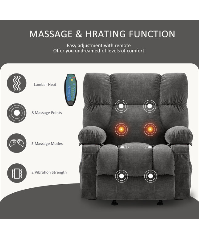 JONPONY Manual Recliner Chair with Heat Therapy and Massage Function, Heavy Duty Reclining Mechanism Massage Chair, Elderly Single Rocker Sofa with Cup Holders for Bedroom Home Theater,Grey