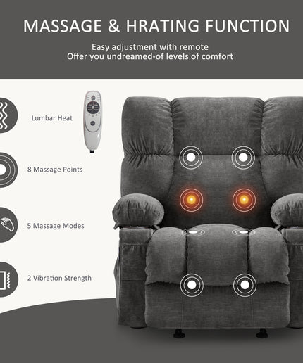 JONPONY Manual Recliner Chair with Heat Therapy and Massage Function, Heavy Duty Reclining Mechanism Massage Chair, Elderly Single Rocker Sofa with Cup Holders for Bedroom Home Theater,Grey