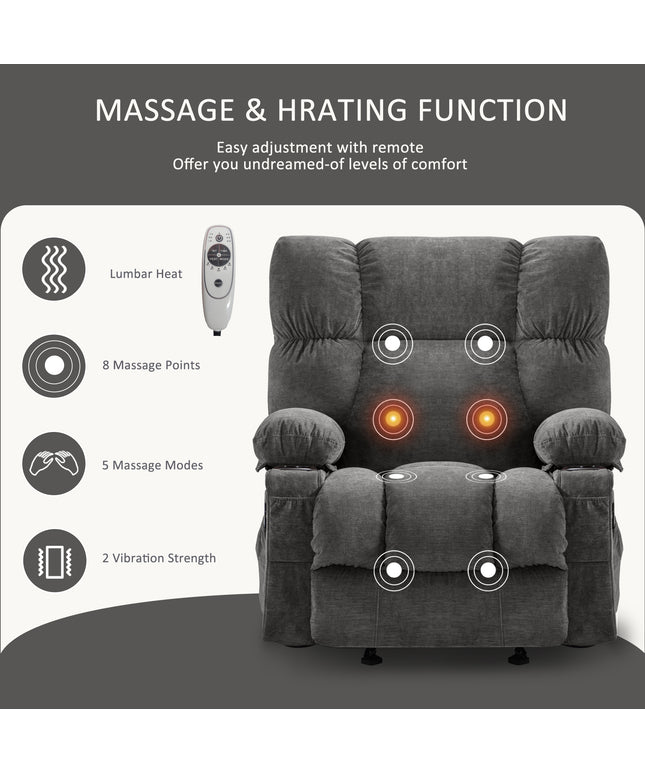 JONPONY Manual Recliner Chair with Heat Therapy and Massage Function, Heavy Duty Reclining Mechanism Massage Chair, Elderly Single Rocker Sofa with Cup Holders for Bedroom Home Theater,Grey