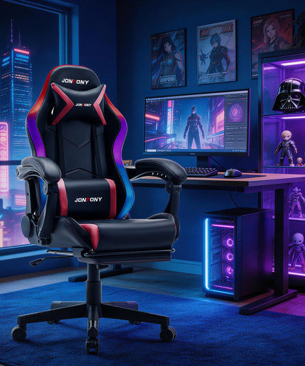 JONPONY Gaming Chair,Racing Style RGB LED Lights,Ergonomic Video Game Chair with Footrest and Lumbar Support ,High Back Reclining Computer Chair for Adults