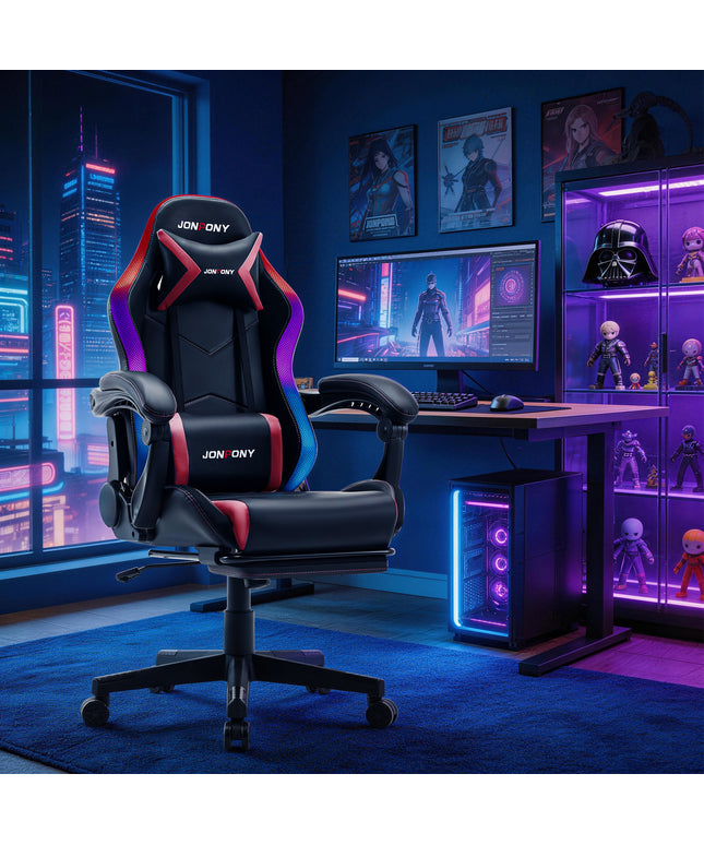 JONPONY Gaming Chair,Racing Style RGB LED Lights,Ergonomic Video Game Chair with Footrest and Lumbar Support ,High Back Reclining Computer Chair for Adults