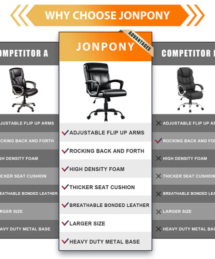 JONPONY Big and Tall Office Chair 300LBS Wide Seat Ergonomic Computer Desk Chair High Back Executive Leather Chair Adjustable Task Chair Lumbar Back Support 8 Hours Heavy Duty Design,Black
