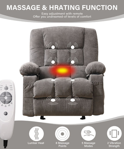 JONPONY Manual Recliner Chair with Heat Therapy and Massage Function, Heavy Duty Reclining Mechanism Massage Chair, Elderly Single Rocker Sofa with Cup Holders for Bedroom Home Theater,Grey