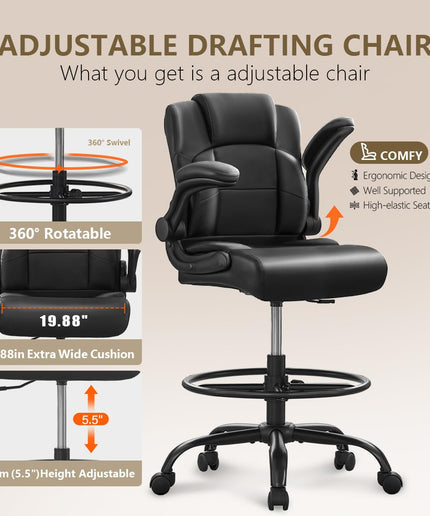 JONPONY 500 lbs Tall Office Chair with Flip-up Armrests for Standing Desk Executive Ergonomic Computer Leather Desk Chair with Lumbar Support, Adjustable Foot Ring for Home,Black