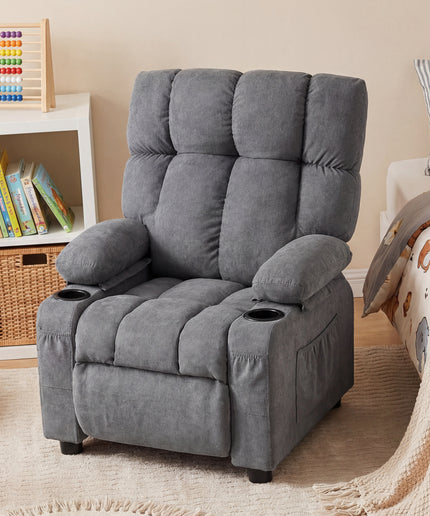 JONPONY Kids Recliner Chair, Push Back Toddler Recliner with Cup Holders & Side Pockets，Adjustable Footrest & Headrest Kids Sofa for Boys Girls 3+ Age Group, Children's Bedroom Furniture, Grey