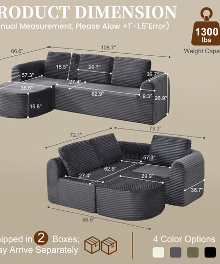 Jonpony 108” Modular Sectional Sofa, Boneless Couches for Living Room, Deep Seat L-Shape Cloud Couch with Chaise, Comfy Sofa Freely Change Configurations No Assembly Required, Soft Plush Corduroy Fabric