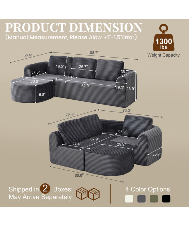Jonpony 108” Modular Sectional Sofa, Boneless Couches for Living Room, Deep Seat L-Shape Cloud Couch with Chaise, Comfy Sofa Freely Change Configurations No Assembly Required, Soft Plush Corduroy Fabric