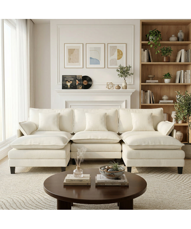 Jonpony Modular Sectional Sofa, Comfy Cloud Couch with Movable Ottoman, Deep Seat Couches for Living Room, Bedroom and Apartment, 106" U Shaped Modern Sofa with Pillows, Beige