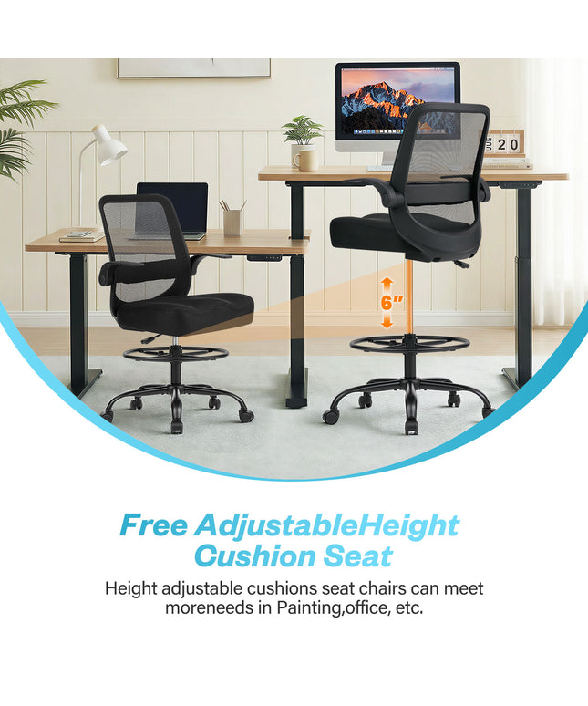 JONPONY 450LBS Office Drafting Chair, Executive Rolling Swivel Chair with Adjustable Foot Ring and Flip-Up Arms, Comfy Extra Deep W-Shape Thicken Cushion, Breathable Mesh Standing Desk Chair, Black