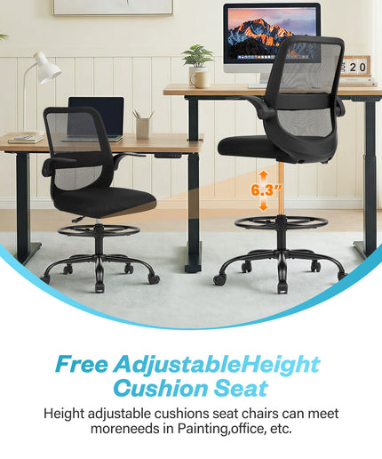 JONPONY 450LBS Office Drafting Chair, Executive Rolling Swivel Chair with Adjustable Foot Ring and Flip-Up Arms, Comfy Thicken Cushion, Breathable Mesh Standing Desk Chair, Black