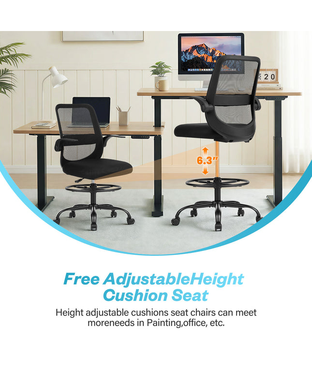 JONPONY 450LBS Office Drafting Chair, Executive Rolling Swivel Chair with Adjustable Foot Ring and Flip-Up Arms, Comfy Thicken Cushion, Breathable Mesh Standing Desk Chair, Black