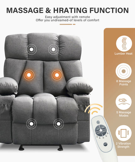 JONPONY Manual Recliner Chair with Heat Therapy and Massage Function, Heavy Duty Reclining Mechanism Massage Chair, Elderly Single Rocker Sofa with Cup Holders for Bedroom Home Theater,Grey