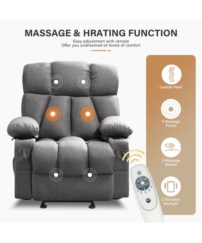 JONPONY Manual Recliner Chair with Heat Therapy and Massage Function, Heavy Duty Reclining Mechanism Massage Chair, Elderly Single Rocker Sofa with Cup Holders for Bedroom Home Theater,Grey