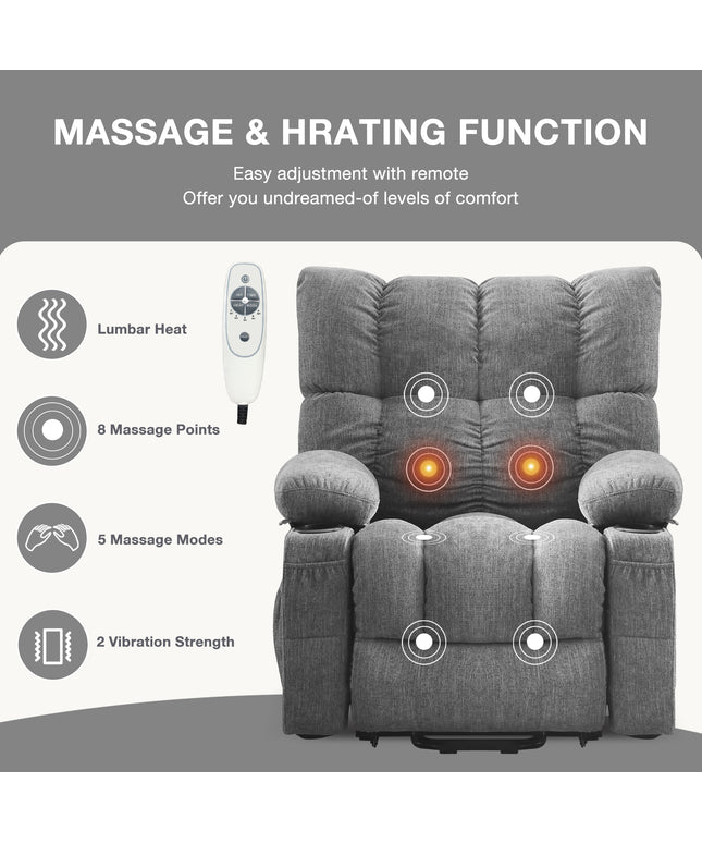 JONPONY Power Lift Recliner Chair for Elderly with Heat and Vibration Massage Recliner Chair with USB Charge Port for Living Room- Infinite Position, Side Pocket,Grey