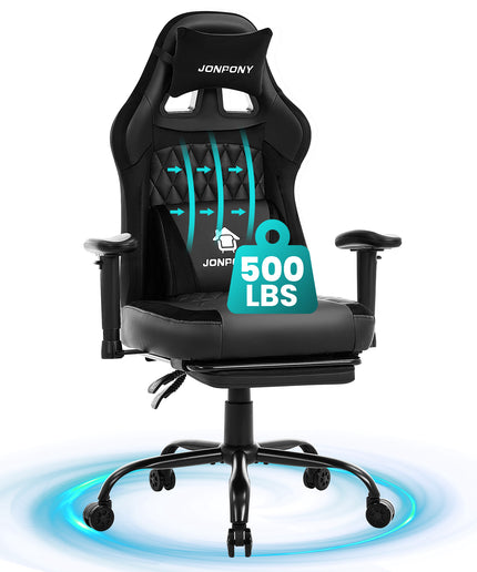 JONPONY Big and Tall 500LBS Ergonomic Gaming Chair, High Back Office Chair with Wide Wingless Seat and Thick Cushion, Comfortable Leather Computer Chair Support Long Sitting,2D Armrests