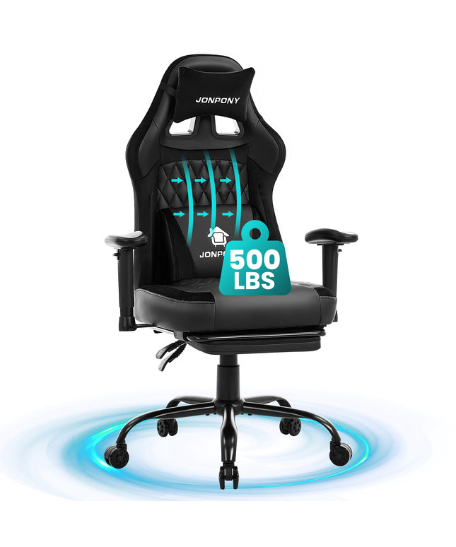 JONPONY Big and Tall 500LBS Ergonomic Gaming Chair, High Back Office Chair with Wide Wingless Seat and Thick Cushion, Comfortable Leather Computer Chair Support Long Sitting,2D Armrests