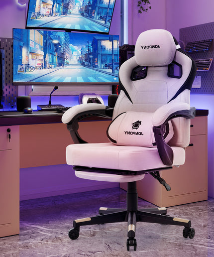 JONPONY Gaming Chair,500LBS Fabric Gamer Chair with footrest for Adults, High Back Ergonomic Computer Game Chair with Adjustable Headrest and Lumbar Support,White
