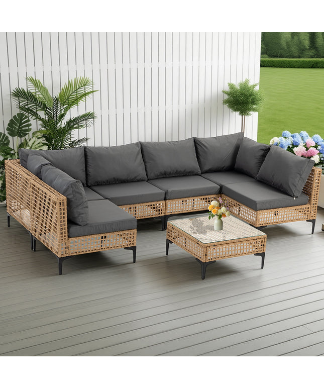 Jonpony 7-Piece Patio Furniture Set, Wicker Outdoor Conversation Set Sectional Sofa with Water Resistant Thick Cushions and Coffee Table