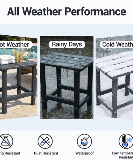 JONPONY HDPE Outdoor Side Table, Black | Waterproof Patio End Tables for Garden Poolside Balcony Deck Porch Backyard or Indoor Use, 17.5"L x 12.5"D x 16.5"H