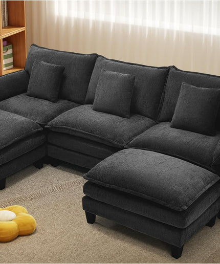 Jonpony Modular Sectional Sofa, Comfy Cloud Couch with Movable Ottoman, Deep Seat Couches for Living Room, Bedroom and Apartment, 106" U Shaped Modern Sofa with Pillows, Beige