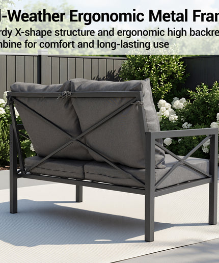 Jonpony 2-Piece All-Weather Metal Patio Furniture Set, Cushioned Loveseat 2 Seats Sofa Bench w/Coffee Table, Heavy Duty Steel Frame & Washable Cushions for Backyard Garden (Grey)