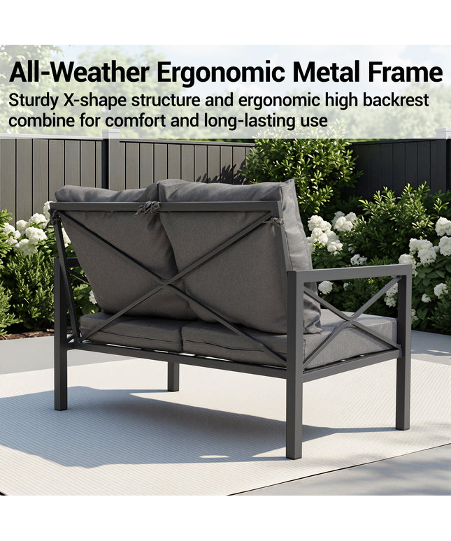 Jonpony 2-Piece All-Weather Metal Patio Furniture Set, Cushioned Loveseat 2 Seats Sofa Bench w/Coffee Table, Heavy Duty Steel Frame & Washable Cushions for Backyard Garden (Grey)